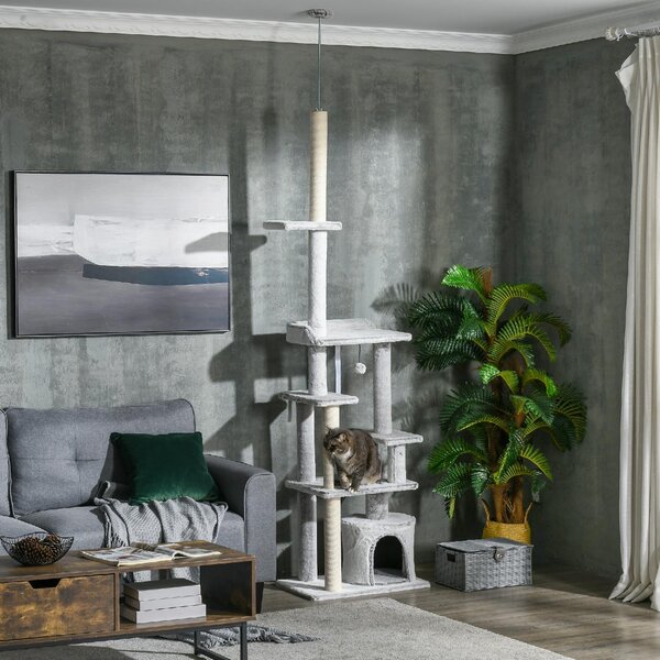 AllMyPets Albero Tiragraffi per Gatti a Soffitto con Piattaforme e Casetta 60x40x225-255 cm colore Grigio - LG-D3OR