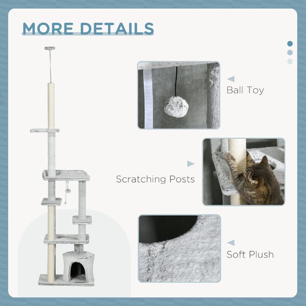 AllMyPets Albero Tiragraffi per Gatti a Soffitto con Piattaforme e Casetta 60x40x225-255 cm colore Grigio - LG-D3OR