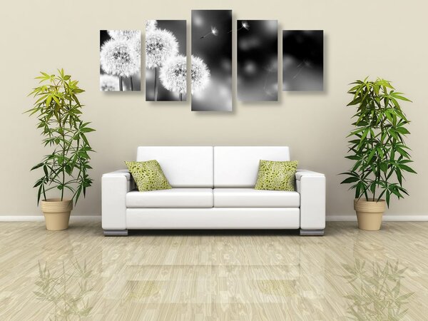 Quadri 5 pezzi – Dente di leone soffice in bianco e nero