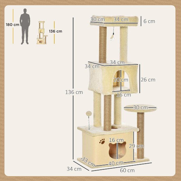 AllMyPets Albero Tiragraffi per Gatti Alto 136 cm con Cuccia Rimovibile, Casetta e Lettino, Pali in Iuta colore Beige - R33164