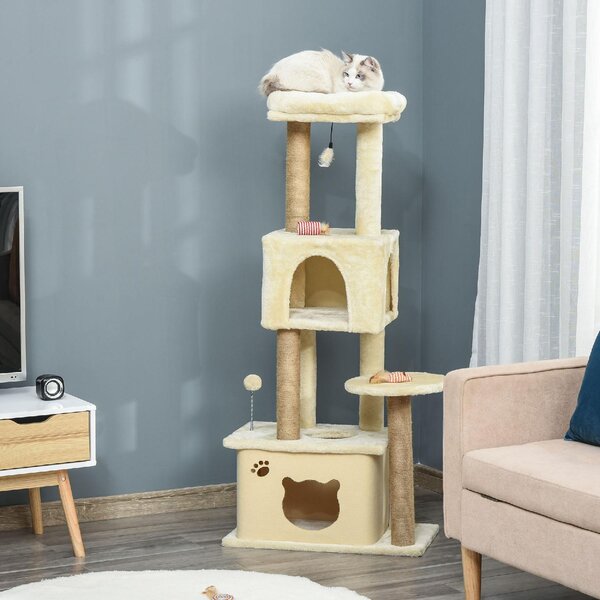 AllMyPets Albero Tiragraffi per Gatti Alto 136 cm con Cuccia Rimovibile, Casetta e Lettino, Pali in Iuta colore Beige - R33164