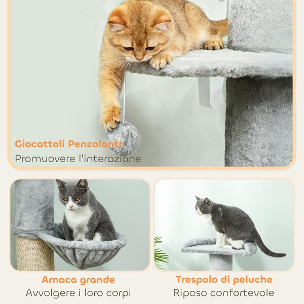 AllMyPets Albero Tiragraffi per Gatti Alto 103.5 cm con Lettino e Amaca, Rivestimento in Peluche colore Grigio Chiaro - R330LG