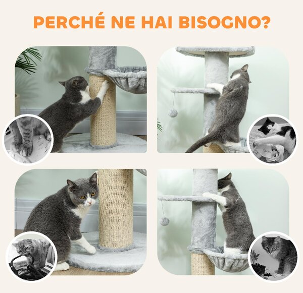 AllMyPets Albero Tiragraffi per Gatti Alto 103.5 cm con Lettino e Amaca, Rivestimento in Peluche colore Grigio Chiaro - R330LG