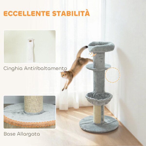 AllMyPets Albero Tiragraffi per Gatti Alto 103.5 cm con Lettino e Amaca, Rivestimento in Peluche colore Grigio Chiaro - R330LG