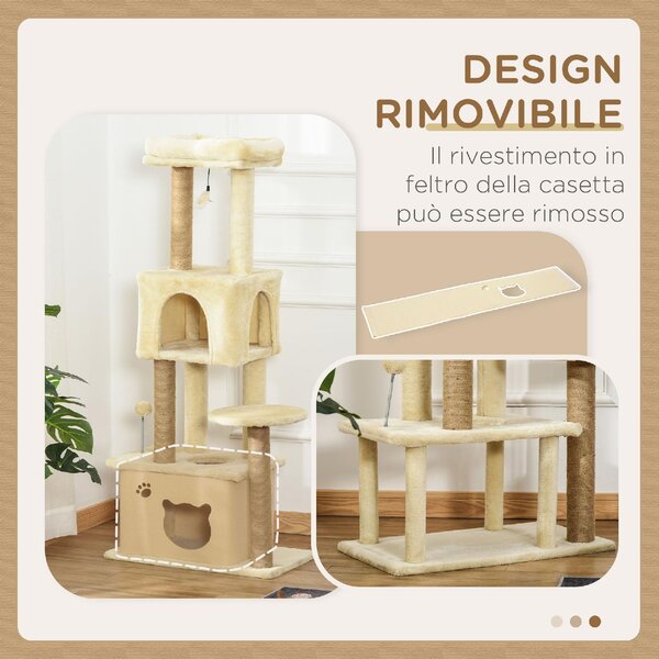 AllMyPets Albero Tiragraffi per Gatti Alto 136 cm con Cuccia Rimovibile, Casetta e Lettino, Pali in Iuta colore Beige - R33164