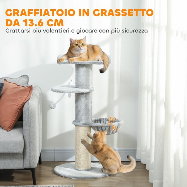 AllMyPets Albero Tiragraffi per Gatti Alto 103.5 cm con Lettino e Amaca, Rivestimento in Peluche colore Grigio Chiaro - R330LG