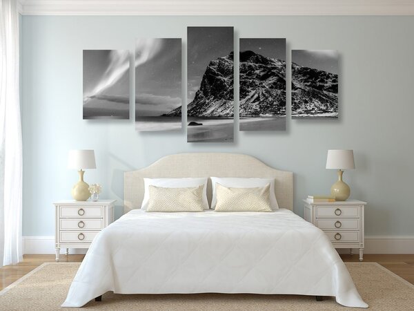 Quadri 5 pezzi – Aurora boreale in Norvegia in bianco e nero