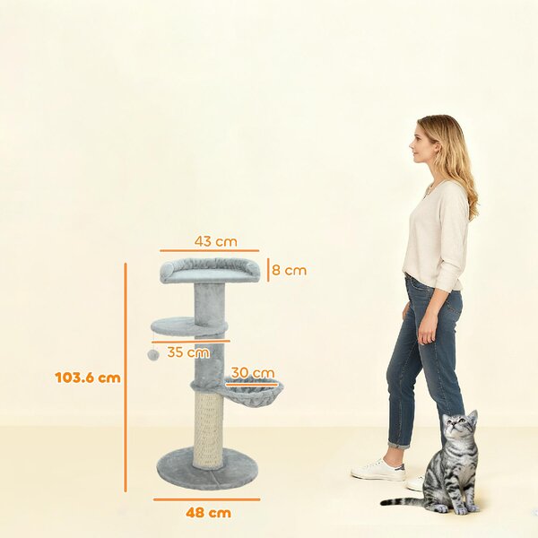 AllMyPets Albero Tiragraffi per Gatti Alto 103.5 cm con Lettino e Amaca, Rivestimento in Peluche colore Grigio Chiaro - R330LG