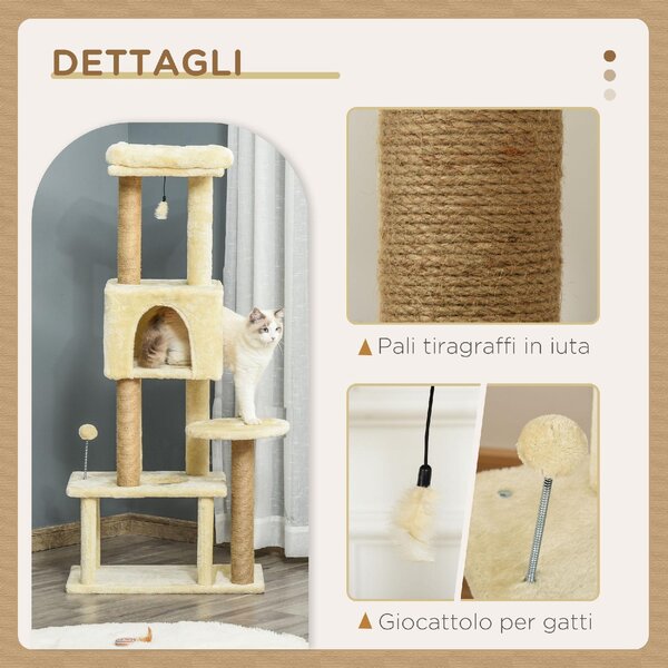 AllMyPets Albero Tiragraffi per Gatti Alto 136 cm con Cuccia Rimovibile, Casetta e Lettino, Pali in Iuta colore Beige - R33164
