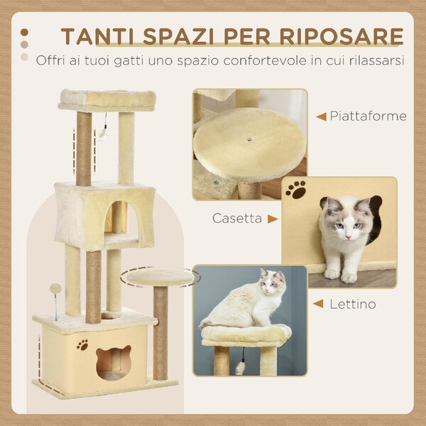 AllMyPets Albero Tiragraffi per Gatti Alto 136 cm con Cuccia Rimovibile, Casetta e Lettino, Pali in Iuta colore Beige - R33164