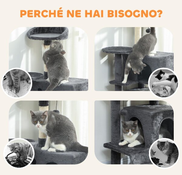 AllMyPets Albero Tiragraffi per Gatti Alto 140 cm con 2 Casette Lettino e Amaca per 2-3 Gatti Rivestimento Peluche colore Grigio - W673CG