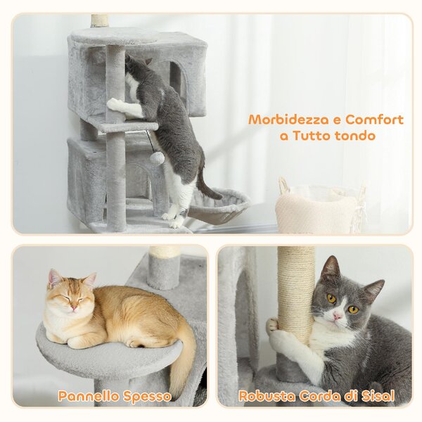 AllMyPets Albero Tiragraffi per Gatti Alto 140 cm con 2 Casette Amaca Lettino e Pali in Sisal colore Grigio - W672LG