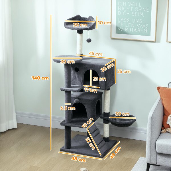 AllMyPets Albero Tiragraffi per Gatti Alto 140 cm con 2 Casette Lettino e Amaca per 2-3 Gatti Rivestimento Peluche colore Grigio - W673CG
