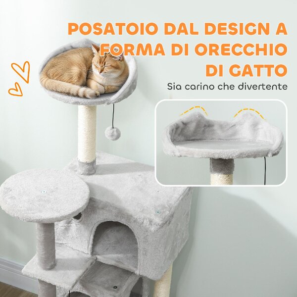 AllMyPets Albero Tiragraffi per Gatti Alto 140 cm con 2 Casette Amaca Lettino e Pali in Sisal colore Grigio - W672LG