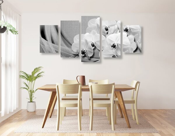 Quadri 5 pezzi – Orchidea su tela in bianco e nero