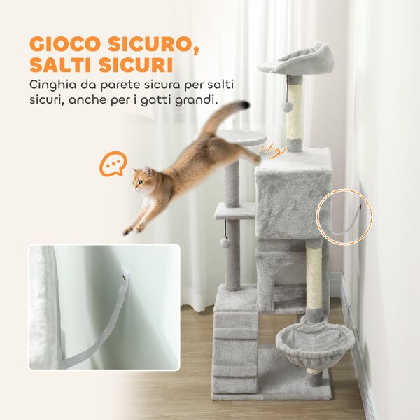 AllMyPets Albero Tiragraffi per Gatti Alto 140 cm con 2 Casette Amaca Lettino e Pali in Sisal colore Grigio - W672LG