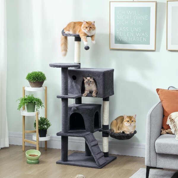 AllMyPets Albero Tiragraffi per Gatti Alto 140 cm con 2 Casette Lettino e Amaca per 2-3 Gatti Rivestimento Peluche colore Grigio - W673CG