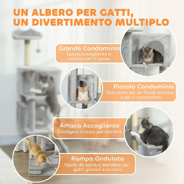 AllMyPets Albero Tiragraffi per Gatti Alto 140 cm con 2 Casette Amaca Lettino e Pali in Sisal colore Grigio - W672LG
