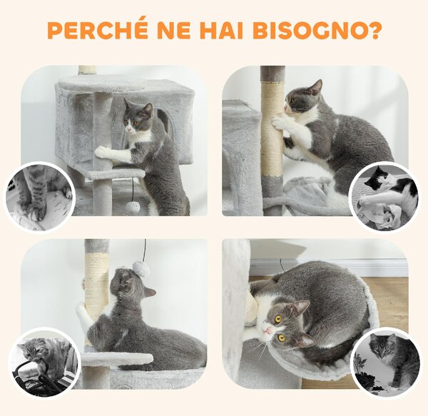 AllMyPets Albero Tiragraffi per Gatti Alto 140 cm con 2 Casette Amaca Lettino e Pali in Sisal colore Grigio - W672LG