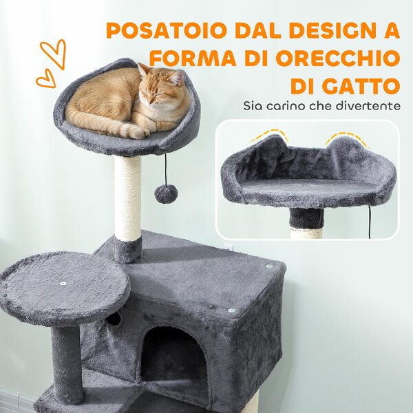 AllMyPets Albero Tiragraffi per Gatti Alto 140 cm con 2 Casette Lettino e Amaca per 2-3 Gatti Rivestimento Peluche colore Grigio - W673CG