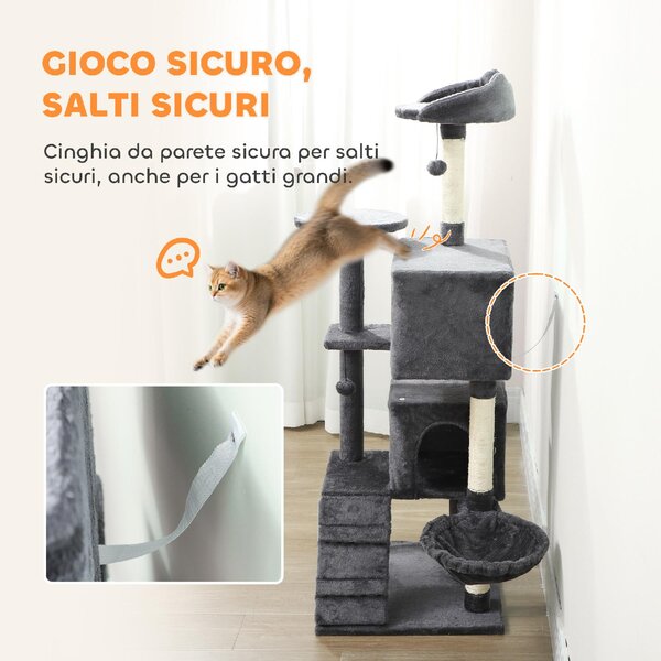 AllMyPets Albero Tiragraffi per Gatti Alto 140 cm con 2 Casette Lettino e Amaca per 2-3 Gatti Rivestimento Peluche colore Grigio - W673CG