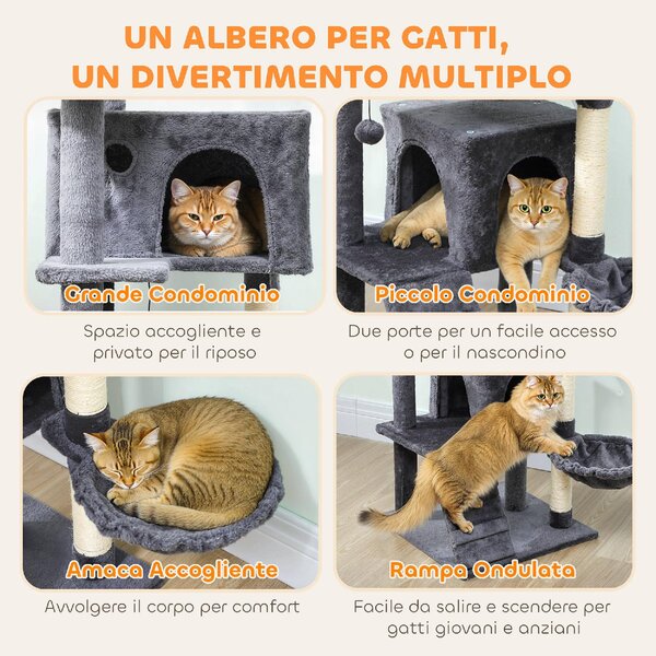 AllMyPets Albero Tiragraffi per Gatti Alto 140 cm con 2 Casette Lettino e Amaca per 2-3 Gatti Rivestimento Peluche colore Grigio - W673CG