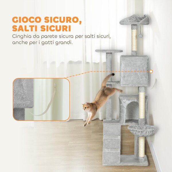 AllMyPets Albero Tiragraffi per Gatti Alto 160 cm con 2 Casette Amaca Lettino e Pali in Sisal colore Grigio - W674LG