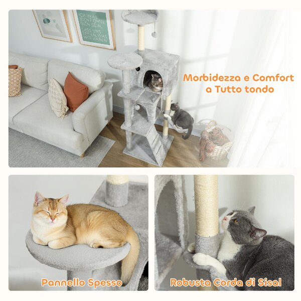 AllMyPets Albero Tiragraffi per Gatti Alto 160 cm con 2 Casette Amaca Lettino e Pali in Sisal colore Grigio - W674LG