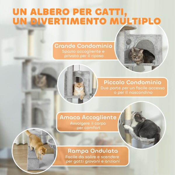 AllMyPets Albero Tiragraffi per Gatti Alto 160 cm con 2 Casette Amaca Lettino e Pali in Sisal colore Grigio - W674LG