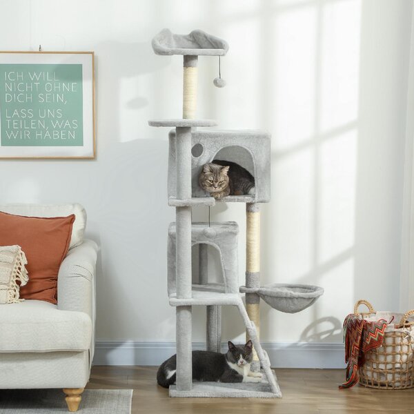 AllMyPets Albero Tiragraffi per Gatti Alto 160 cm con 2 Casette Amaca Lettino e Pali in Sisal colore Grigio - W674LG