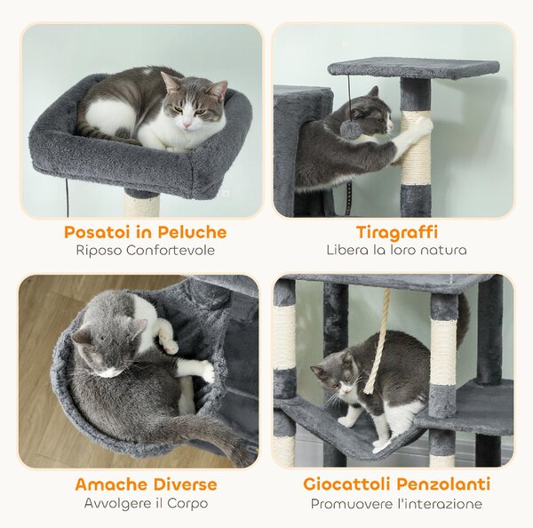 AllMyPets Albero Tiragraffi per Gatti Alto 202 cm con 6 Pali in Sisal 2 Casette 2 Amache e Lettino colore Grigio - W676CG