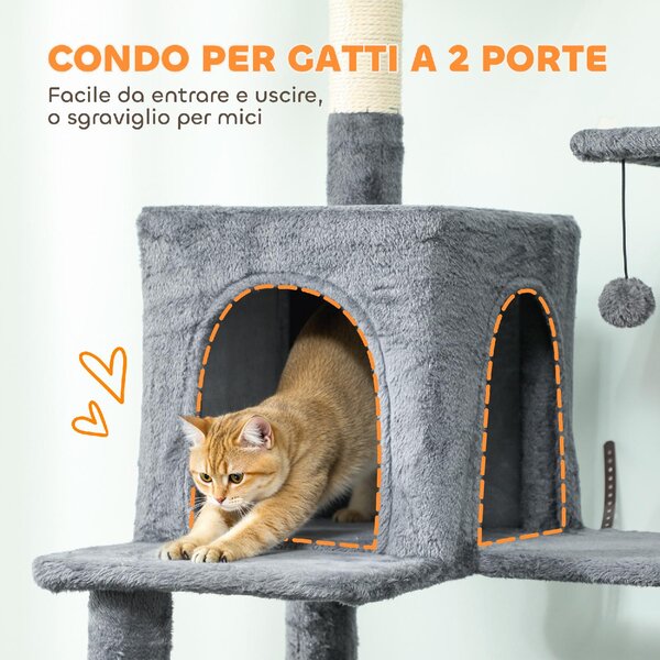 AllMyPets Albero Tiragraffi per Gatti Alto 202 cm con 6 Pali in Sisal 2 Casette 2 Amache e Lettino colore Grigio - W676CG