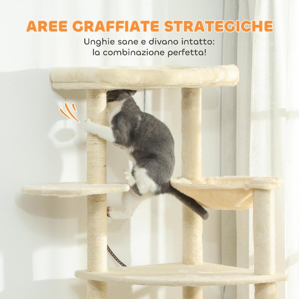 AllMyPets Albero Tiragraffi per Gatti Alto 200 cm Multilivello con 2 Casette 2 Lettini e Amaca Struttura per 2-3 Gatti colore Beige - W675BG