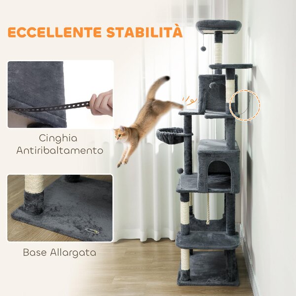 AllMyPets Albero Tiragraffi per Gatti Alto 202 cm con 6 Pali in Sisal 2 Casette 2 Amache e Lettino colore Grigio - W676CG