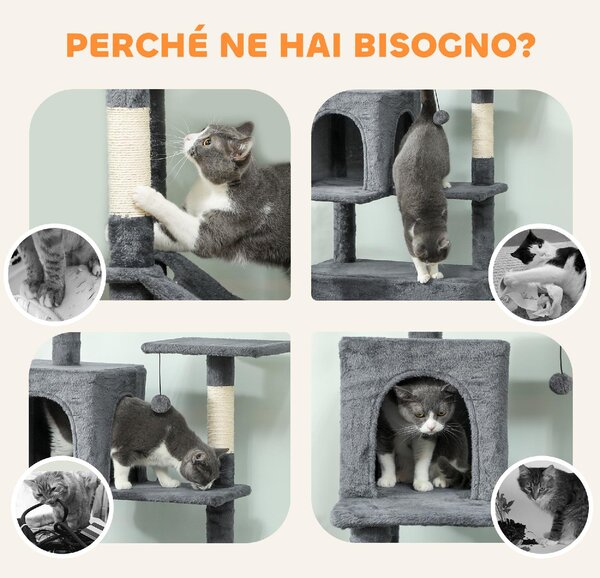 AllMyPets Albero Tiragraffi per Gatti Alto 202 cm con 6 Pali in Sisal 2 Casette 2 Amache e Lettino colore Grigio - W676CG