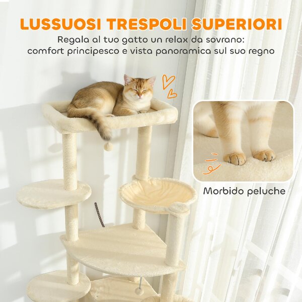 AllMyPets Albero Tiragraffi per Gatti Alto 200 cm Multilivello con 2 Casette 2 Lettini e Amaca Struttura per 2-3 Gatti colore Beige - W675BG