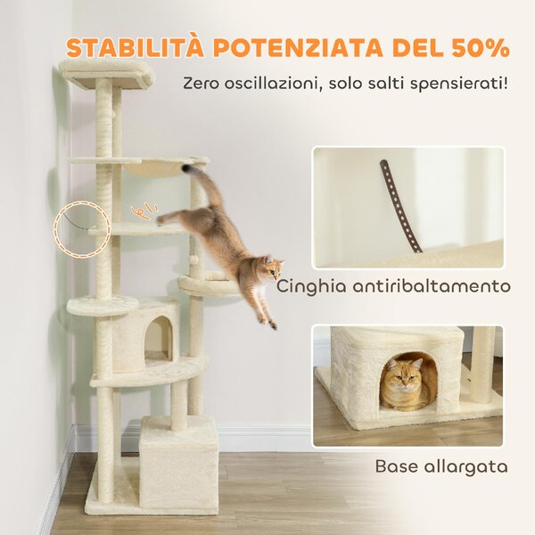 AllMyPets Albero Tiragraffi per Gatti Alto 200 cm Multilivello con 2 Casette 2 Lettini e Amaca Struttura per 2-3 Gatti colore Beige - W675BG