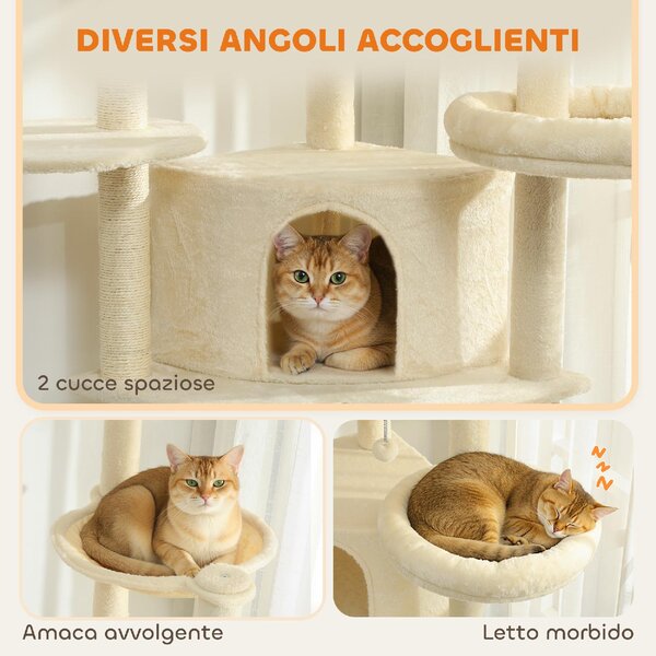 AllMyPets Albero Tiragraffi per Gatti Alto 200 cm Multilivello con 2 Casette 2 Lettini e Amaca Struttura per 2-3 Gatti colore Beige - W675BG