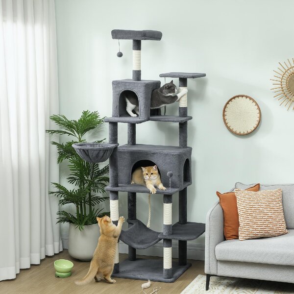 AllMyPets Albero Tiragraffi per Gatti Alto 202 cm con 6 Pali in Sisal 2 Casette 2 Amache e Lettino colore Grigio - W676CG