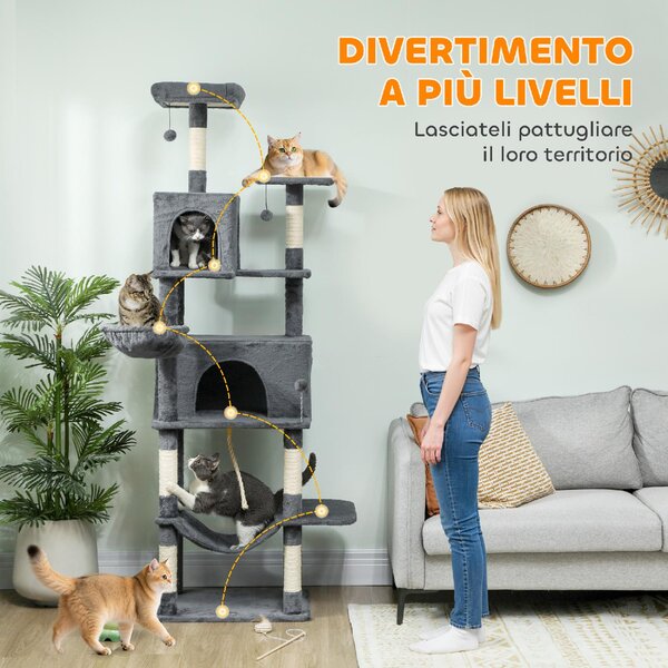 AllMyPets Albero Tiragraffi per Gatti Alto 202 cm con 6 Pali in Sisal 2 Casette 2 Amache e Lettino colore Grigio - W676CG
