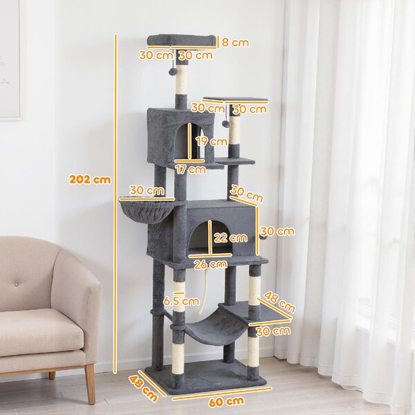 AllMyPets Albero Tiragraffi per Gatti Alto 202 cm con 6 Pali in Sisal 2 Casette 2 Amache e Lettino colore Grigio - W676CG