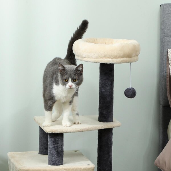 AllMyPets Albero Tiragraffi per Gatti Alto 92 cm con Casetta, Lettino, Pali in Sisal e Pallina colore Bianco Crema - R332CW
