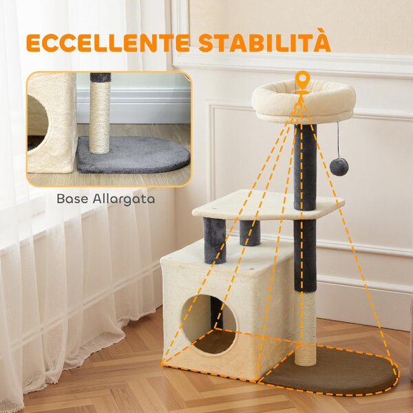 AllMyPets Albero Tiragraffi per Gatti Alto 92 cm con Casetta, Lettino, Pali in Sisal e Pallina colore Bianco Crema - R332CW