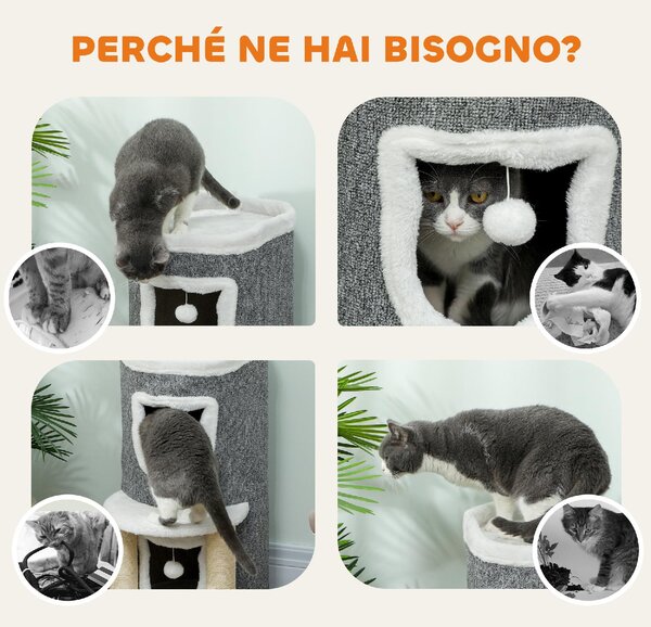 AllMyPets Albero Tiragraffi per Gatti Alto 76 cm con Casette Lettino Palline e Pali in Sisal colore Grigio - W677GY