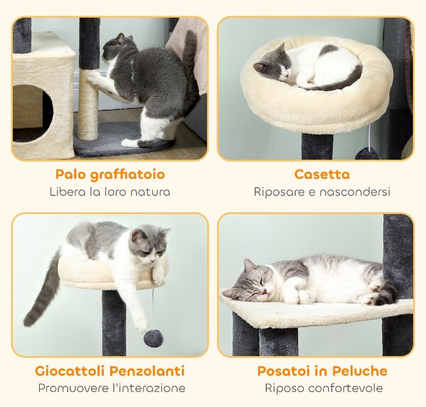 AllMyPets Albero Tiragraffi per Gatti Alto 92 cm con Casetta, Lettino, Pali in Sisal e Pallina colore Bianco Crema - R332CW
