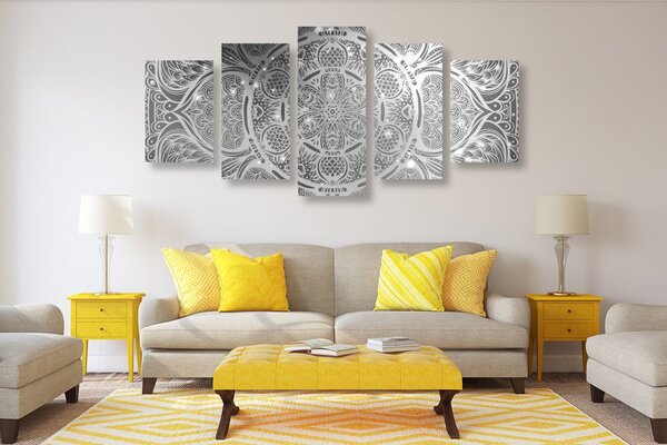 Quadri 5 pezzi – Mandala indiana con sfondo galattico in bianco e nero