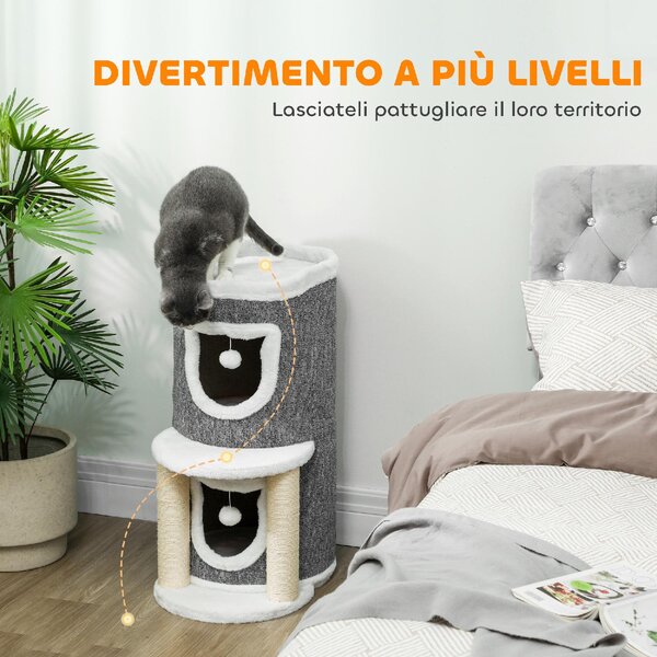 AllMyPets Albero Tiragraffi per Gatti Alto 76 cm con Casette Lettino Palline e Pali in Sisal colore Grigio - W677GY