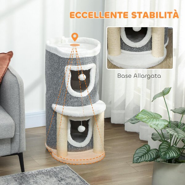 AllMyPets Albero Tiragraffi per Gatti Alto 76 cm con Casette Lettino Palline e Pali in Sisal colore Grigio - W677GY