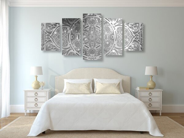 Quadri 5 pezzi – Mandala indiana con sfondo galattico in bianco e nero