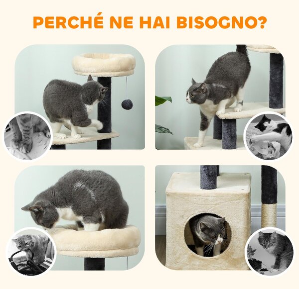 AllMyPets Albero Tiragraffi per Gatti Alto 92 cm con Casetta, Lettino, Pali in Sisal e Pallina colore Bianco Crema - R332CW